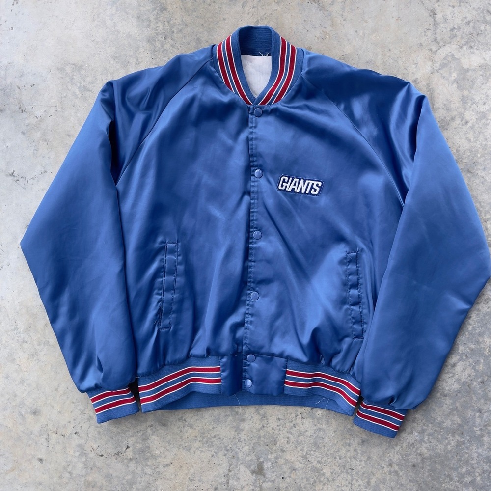 Vintage New York Giants Satin Bomber Jacket Mens L Blue Varsity Snap Front NFL